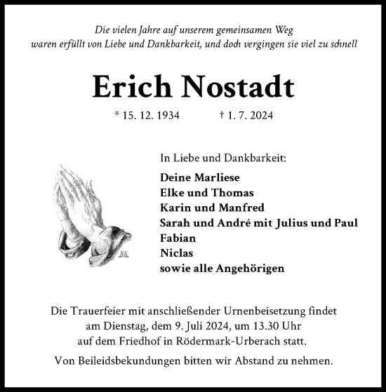 Traueranzeige von Erich Nostadt von OF