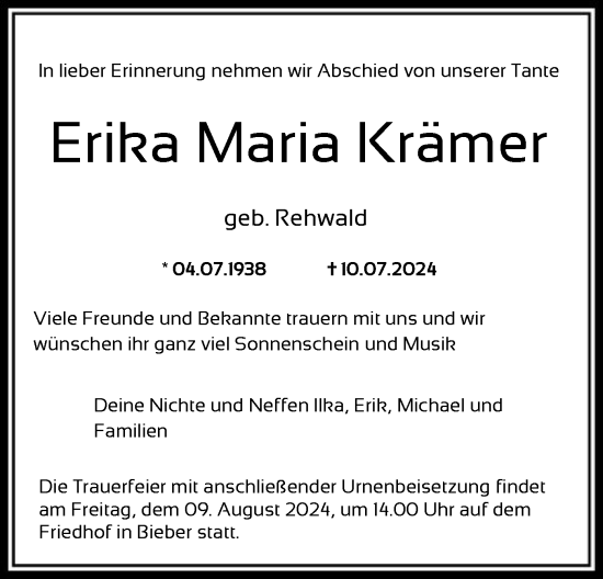 Traueranzeige von Erika Maria Krämer von OF