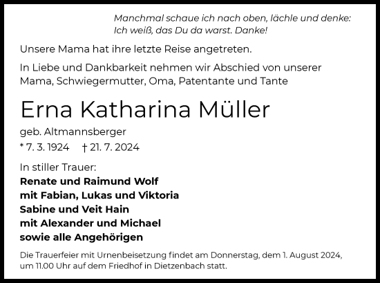 Traueranzeige von Erna Katharina Müller von OF