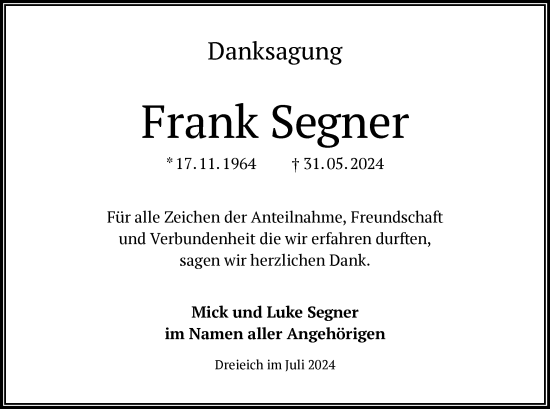 Traueranzeige von Frank Segner von OF