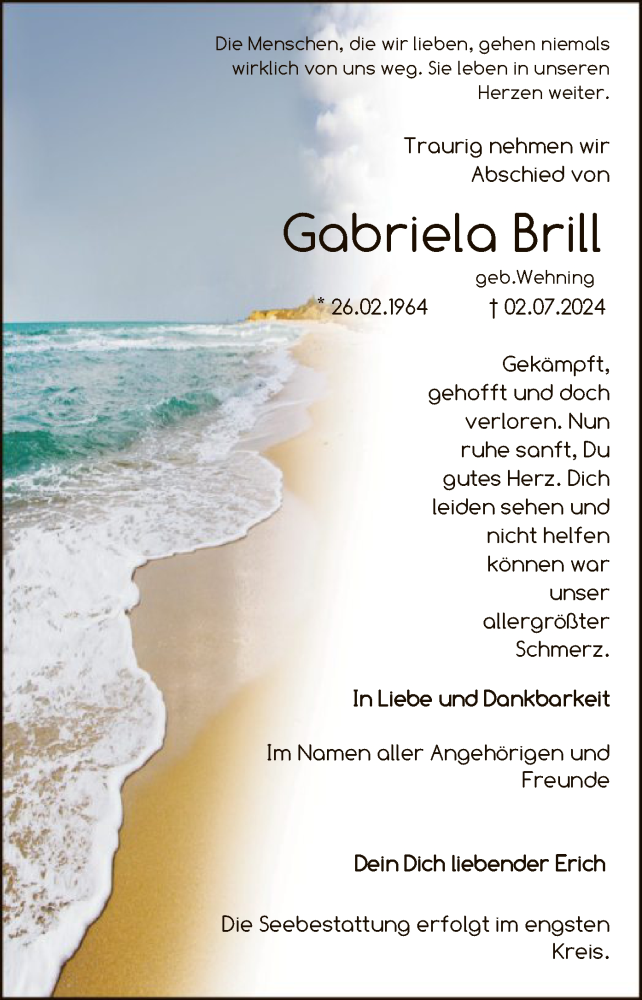  Traueranzeige für Gabriela Brill vom 13.07.2024 aus OF