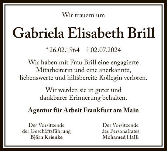 Traueranzeige von Gabriela Elisabeth Brill von OF