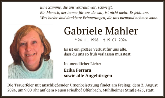 Traueranzeige von Gabriele Mahler von OF