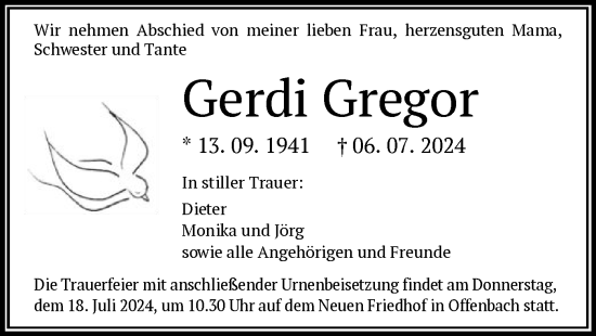 Traueranzeige von Gerdi Gregor von OF