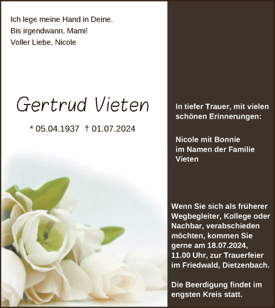 Traueranzeige von Gertrud Vieten von OF