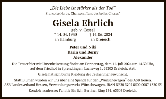 Traueranzeige von Gisela Ehrlich von OF