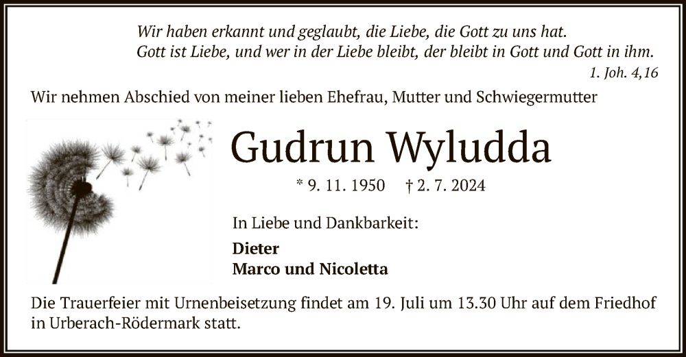  Traueranzeige für Gudrun Wyludda vom 13.07.2024 aus OF