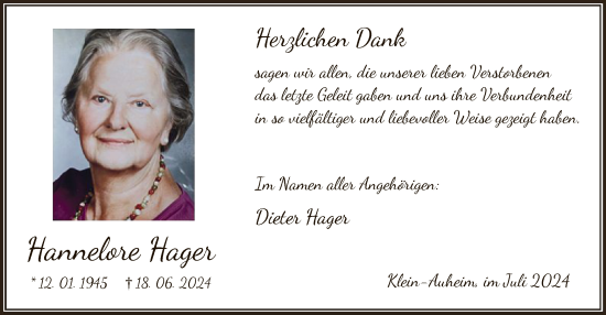 Traueranzeige von Hannelore Hager von OF