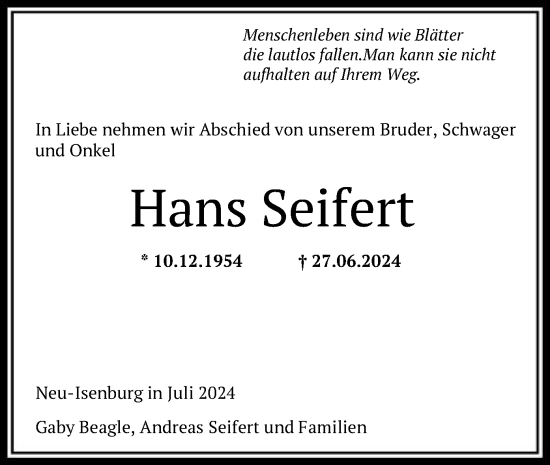 Traueranzeige von Hans Seifert von OF