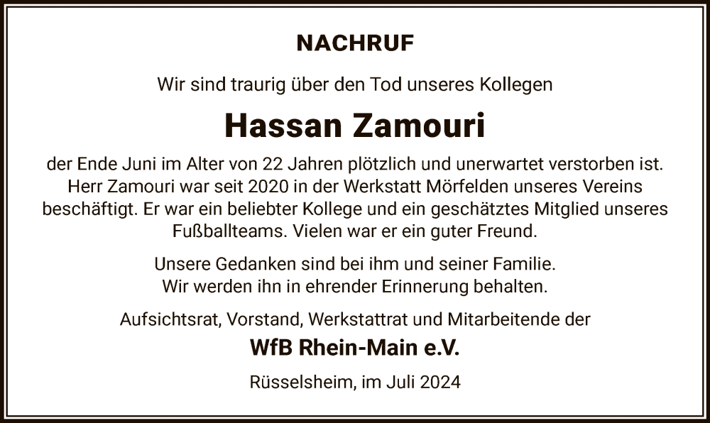  Traueranzeige für Hassan Zamouri vom 12.07.2024 aus OF