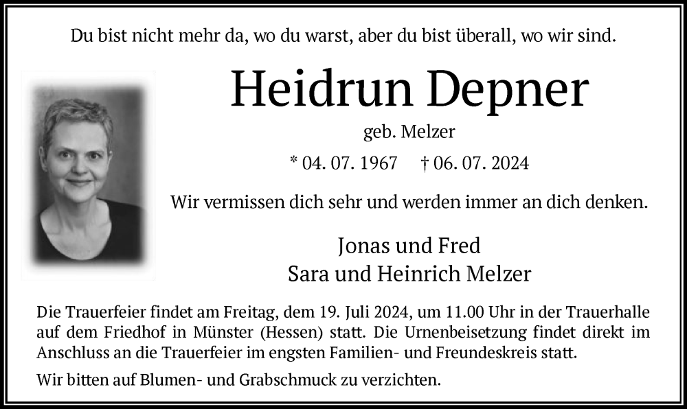  Traueranzeige für Heidrun Depner vom 13.07.2024 aus OF