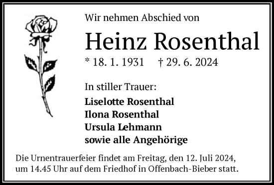 Traueranzeige von Heinz Rosenthal von OF