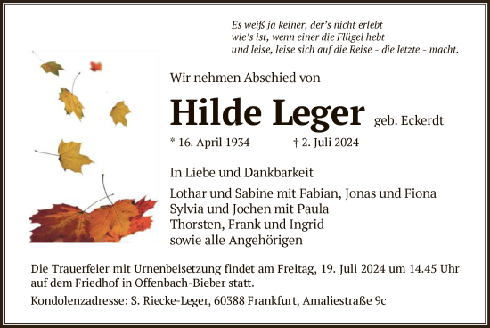 Traueranzeige von Hilde Leger von OF