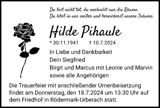 Traueranzeige von Hilde Pihaule von OF