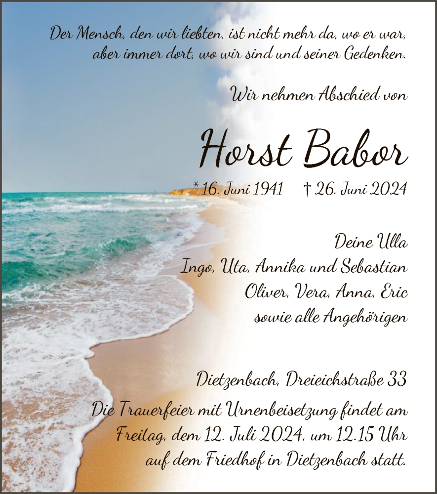  Traueranzeige für Horst Babor vom 06.07.2024 aus OF