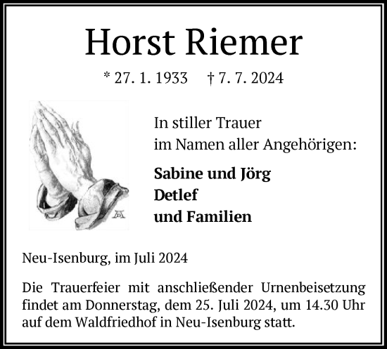 Traueranzeige von Horst Riemer von OF