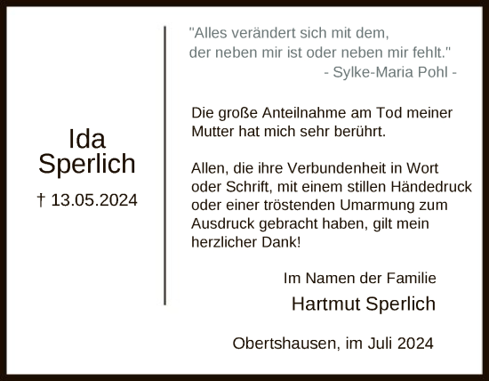 Traueranzeige von Ida Sperlich von OF