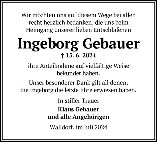 Traueranzeige von Ingeborg Gebauer von OF