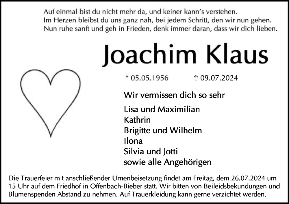  Traueranzeige für Joachim Klaus vom 20.07.2024 aus OF