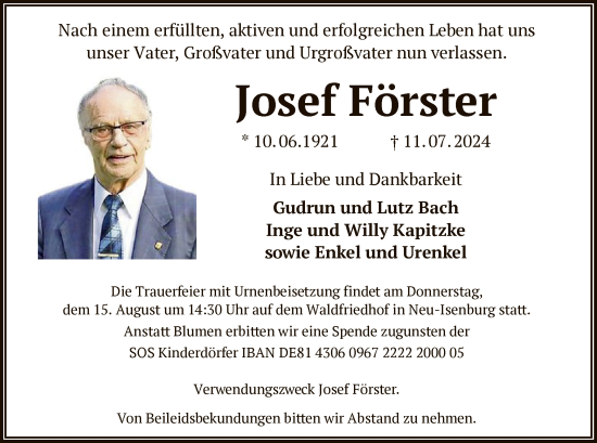 Traueranzeige von Josef Förster von OF