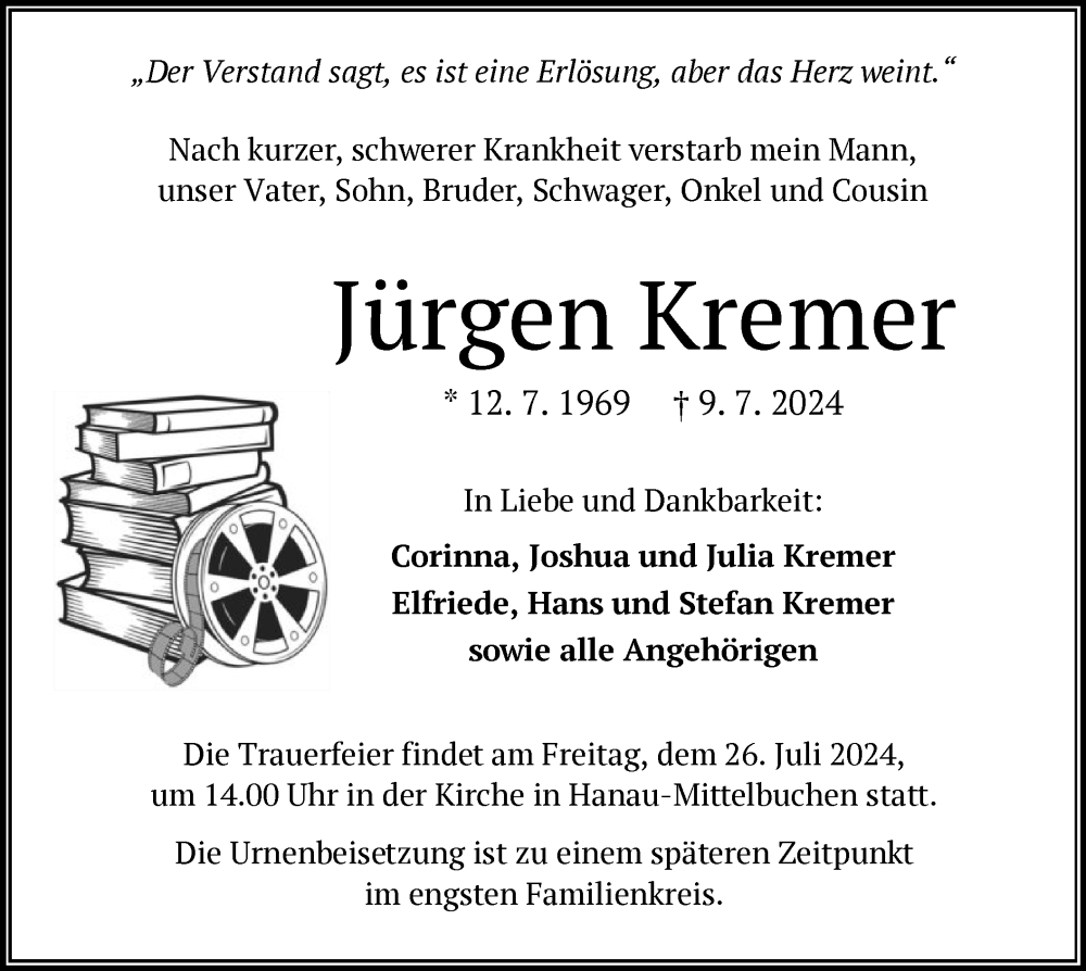  Traueranzeige für Jürgen Kremer vom 20.07.2024 aus OF