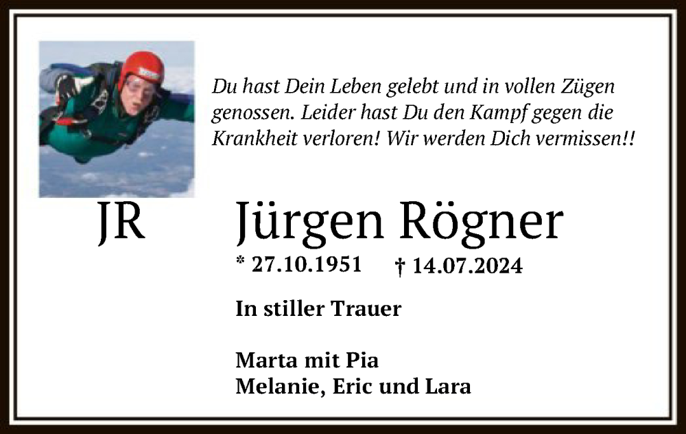  Traueranzeige für Jürgen Rögner vom 20.07.2024 aus OF