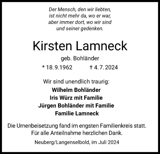 Traueranzeige von Kirsten Lamneck von OF