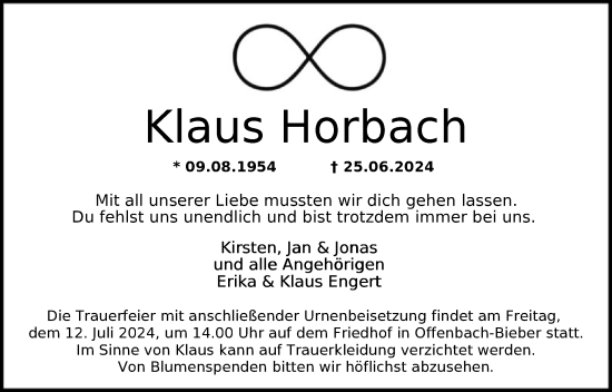 Traueranzeige von Klaus Horbach von OF