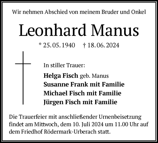 Traueranzeige von Leonhard Manus von OF