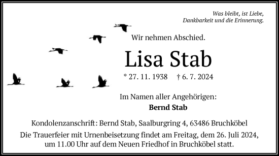 Traueranzeige von Lisa Stab von OF