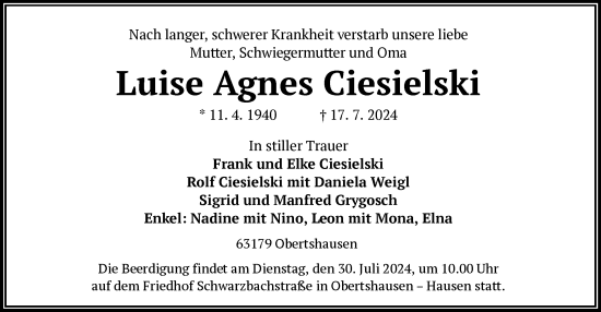 Traueranzeige von Luise Agnes Ciesielski von OF