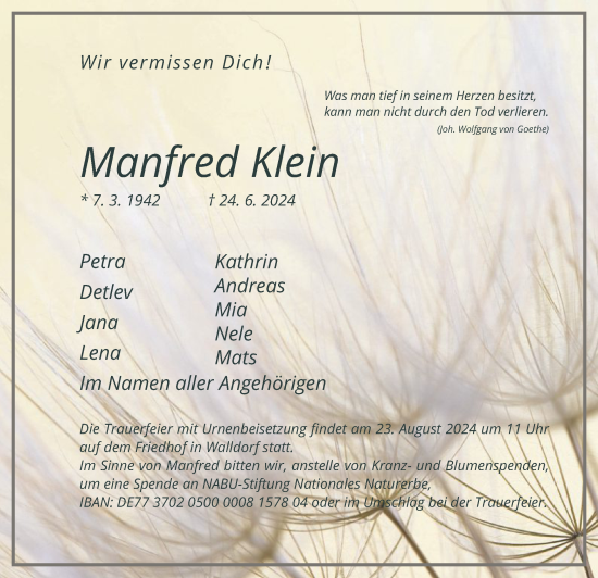 Traueranzeige von Manfred Klein von OF