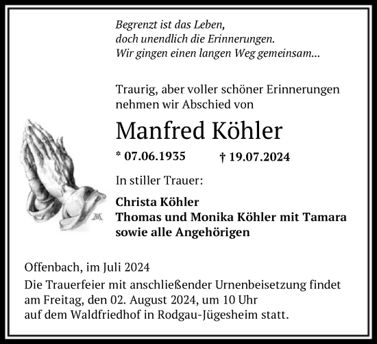 Traueranzeige von Manfred Köhler von OF