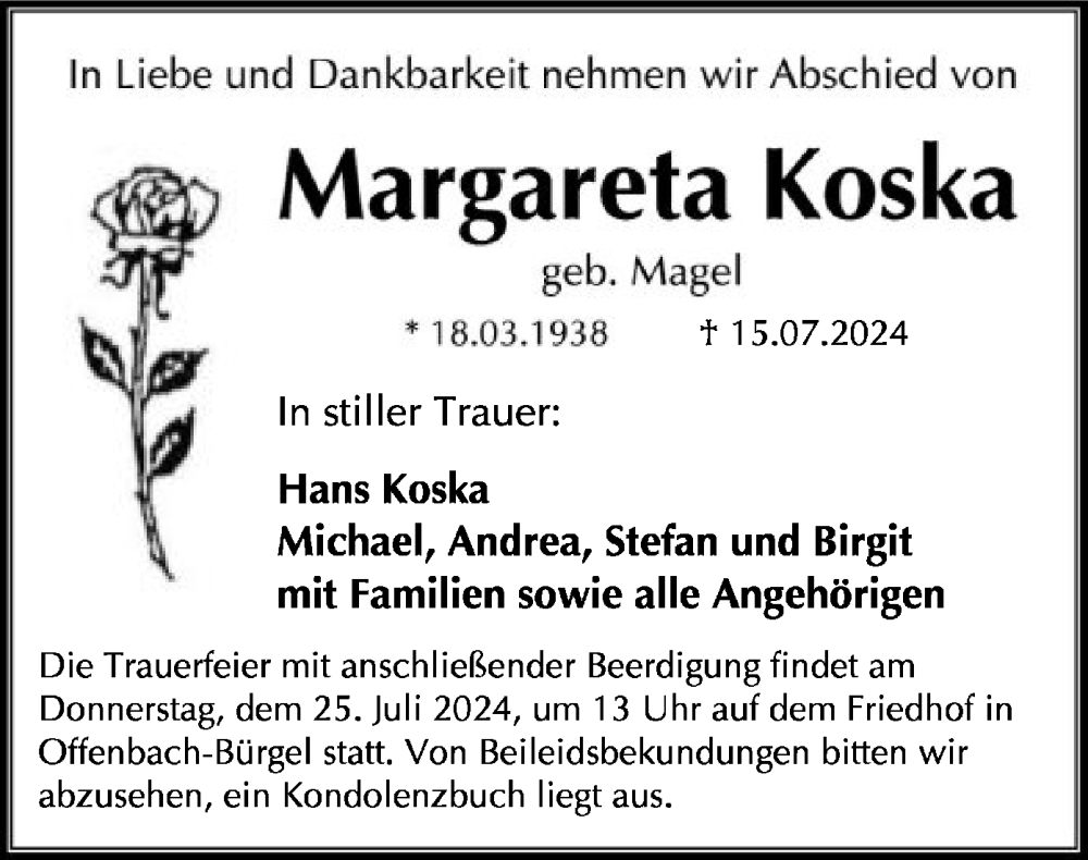  Traueranzeige für Margareta Koska vom 20.07.2024 aus OF