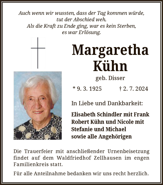 Traueranzeige von Margaretha Kühn von OF