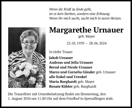 Traueranzeige von Margarethe Urnauer von OF