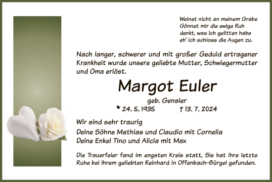 Traueranzeige von Margot Euler von OF