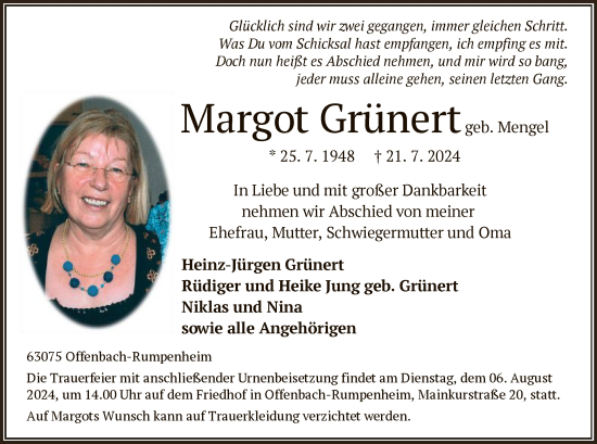Traueranzeige von Margot Grünert von OF