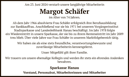 Traueranzeige von Margot Schäfer von OF