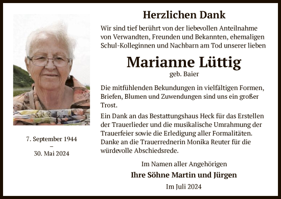 Traueranzeige von Marianne Lüttig von OF