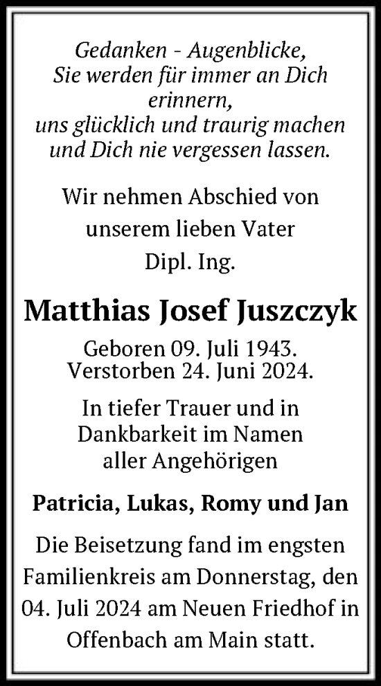 Traueranzeige von Matthias Josef Juszczyk von OF