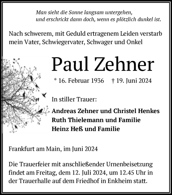 Traueranzeige von Paul Zehner von OF