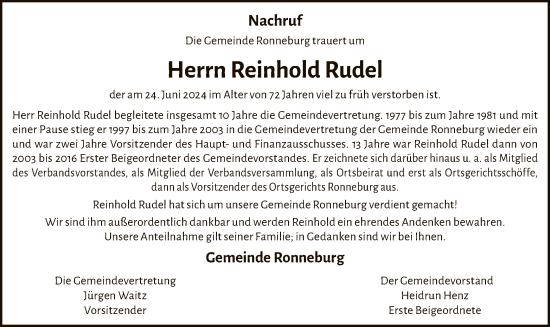 Traueranzeige von Reinhold Rudel von OF