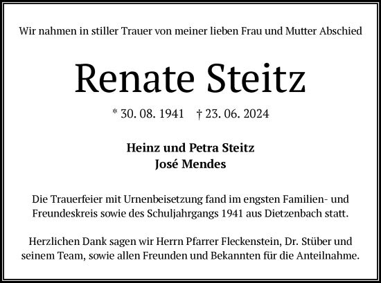 Traueranzeige von Renate Steitz von OF