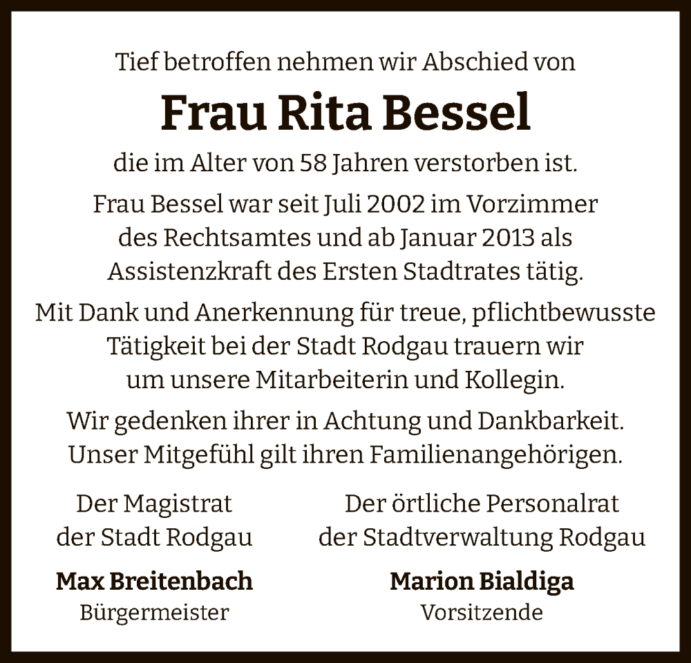  Traueranzeige für Rita Bessel vom 20.07.2024 aus OF