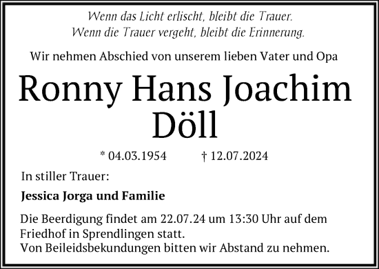 Traueranzeige von Ronny Hans Joachim Döll von OF