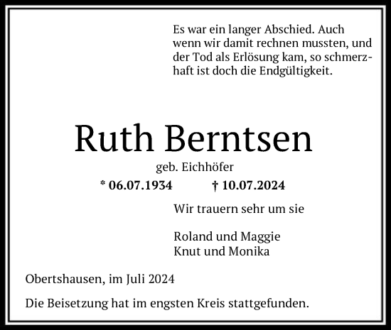 Traueranzeige von Ruth Berntsen von OF