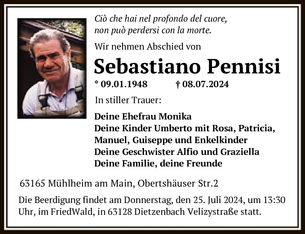  Traueranzeige für Sebastiano Pennisi vom 20.07.2024 aus OF