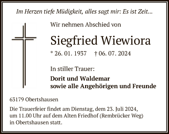 Traueranzeige von Siegfried Wiewiora von OF