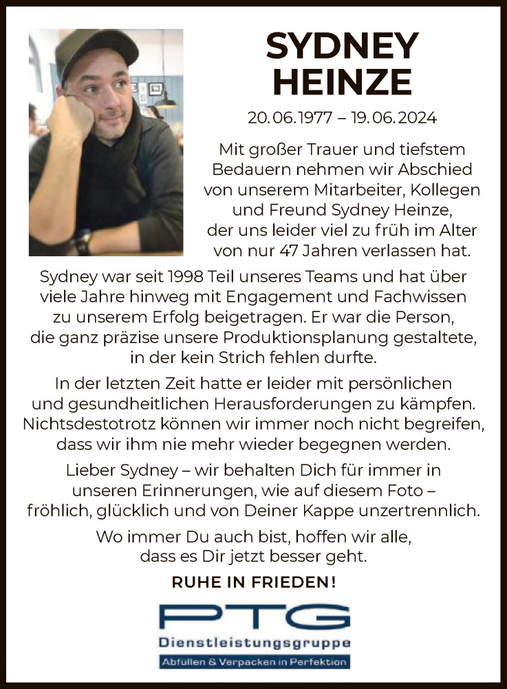  Traueranzeige für Sydney Heinze vom 16.07.2024 aus OF